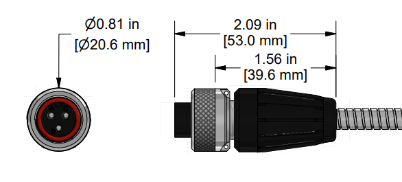 A line drawing showing the diameter and length of an assembled CTC Q3A vibration sensor connector kit.