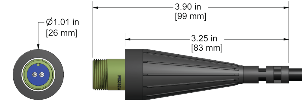 A line drawing showing the diameter and length of an assembled CTC R2C vibration sensor connector kit.