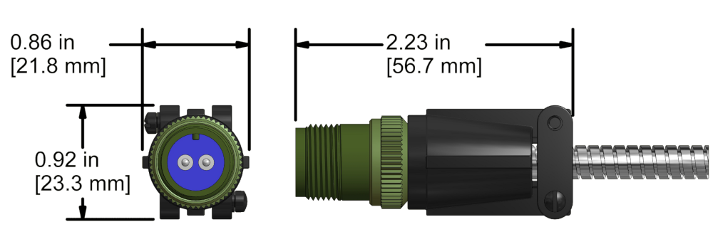 A line drawing showing the diameter and length of an assembled CTC R2H vibration sensor connector kit.