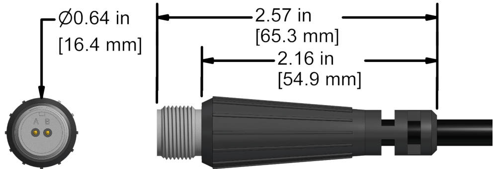 A line drawing showing the diameter and length of an assembled CTC R2J vibration sensor connector kit.