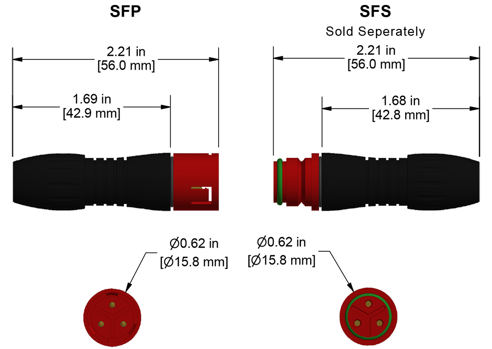 A line drawing showing the diameter and length of an assembled CTC SFP vibration sensor connector kit.