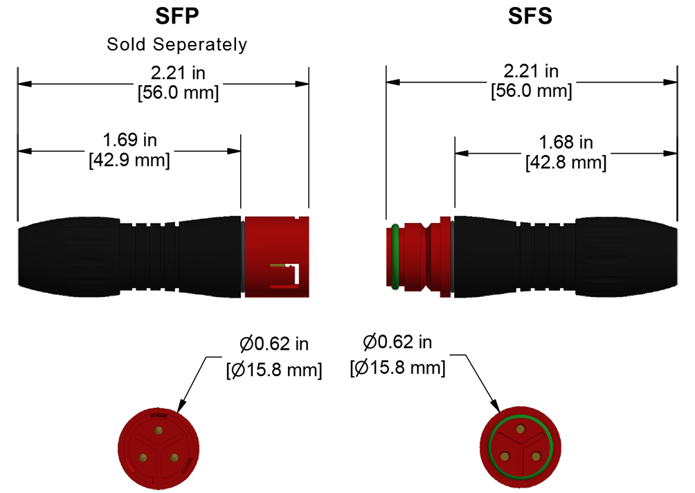 A line drawing showing the diameter and length of an assembled CTC SFS vibration sensor connector kit.