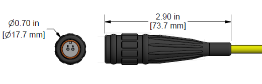 A line drawing showing the diameter and length of an assembled CTC V2J vibration sensor connector kit.