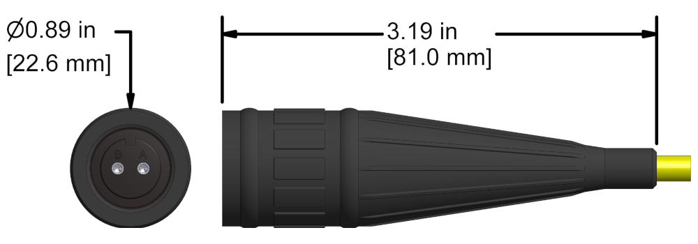 A line drawing showing the diameter and length of an assembled CTC V2R vibration sensor connector kit.