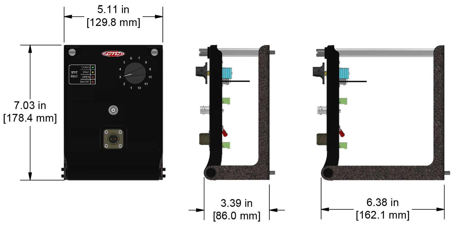 A drawing showing the dimensions of a CTC JB961-1A industrial enclosure.