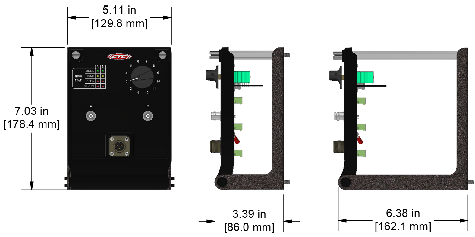 A drawing showing the dimensions of a CTC JB961-2A industrial enclosure.