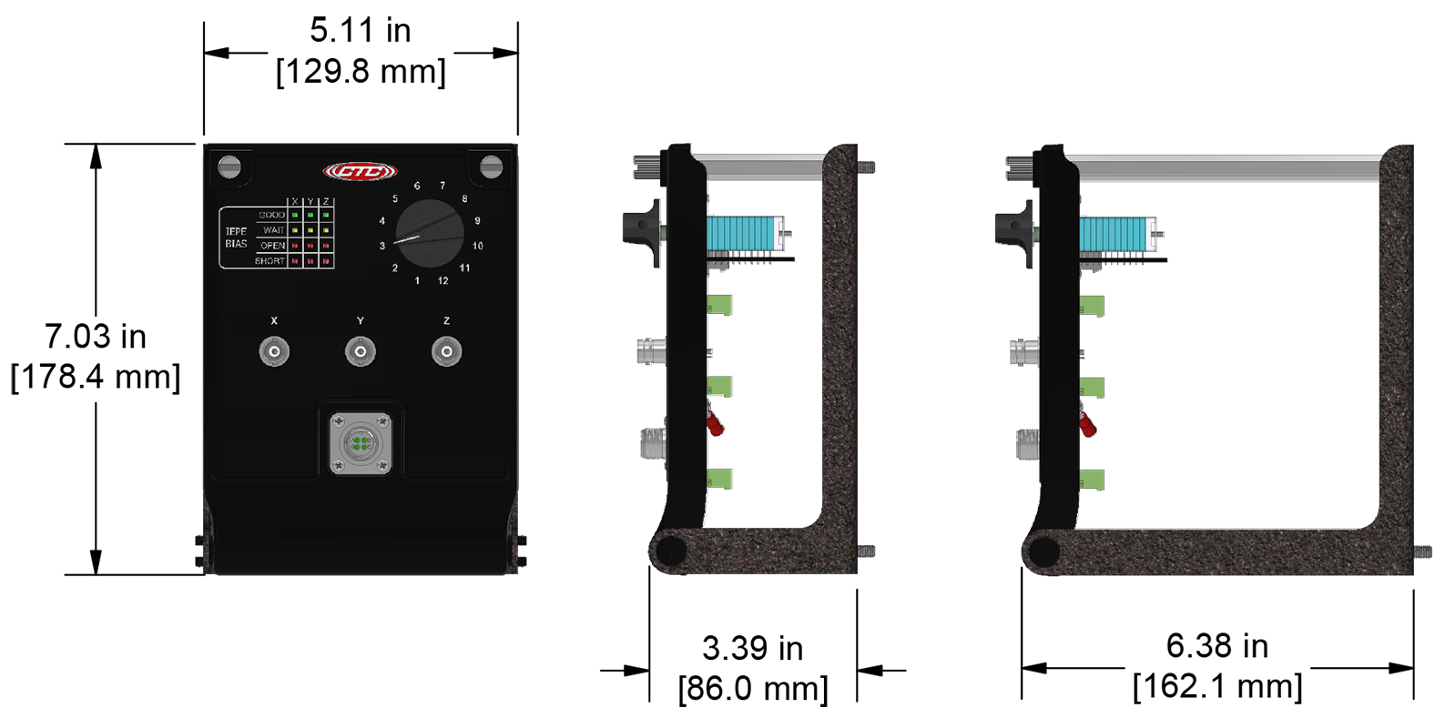 A drawing showing the dimensions of a CTC JB961-3A industrial enclosure.