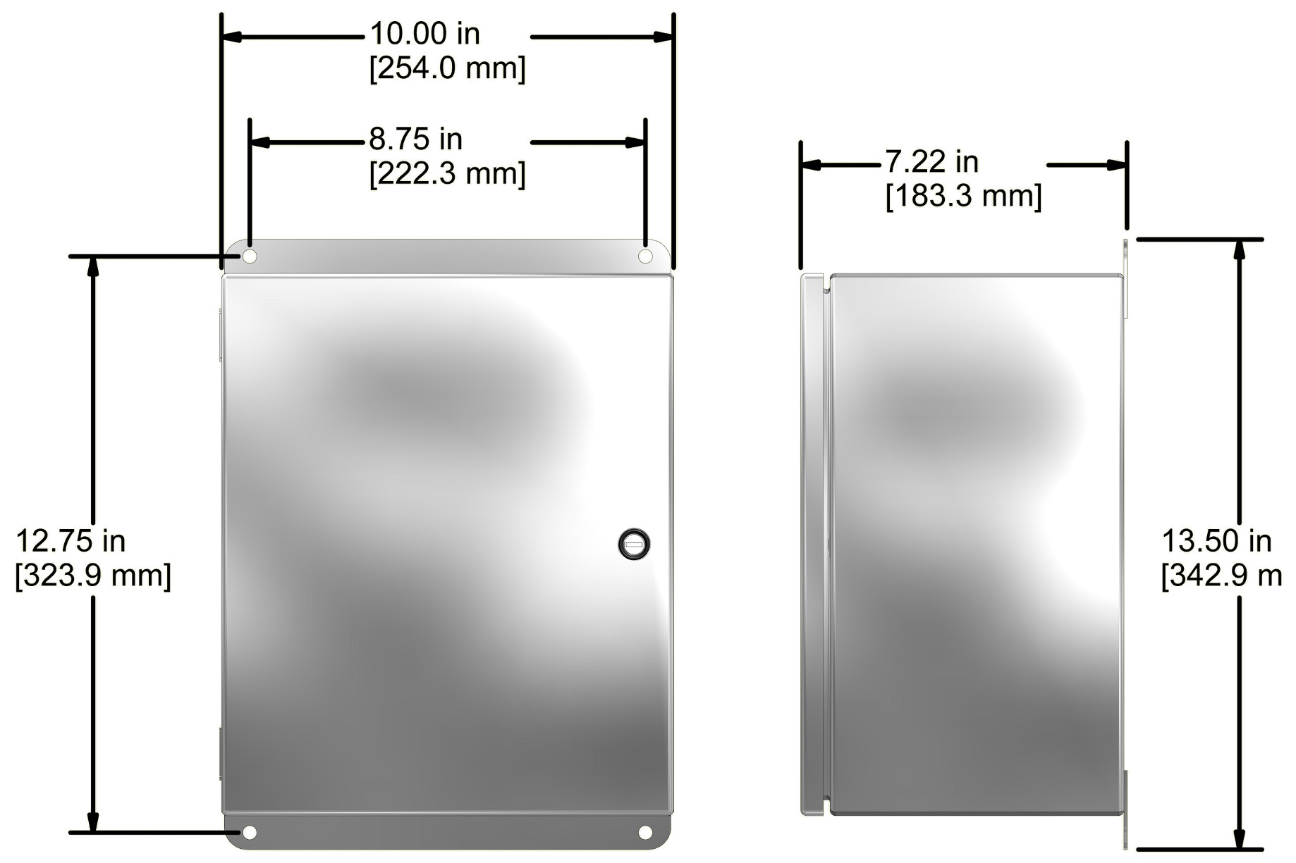 A drawing showing the dimensions of a CTC SCE210 Series industrial enclosure.