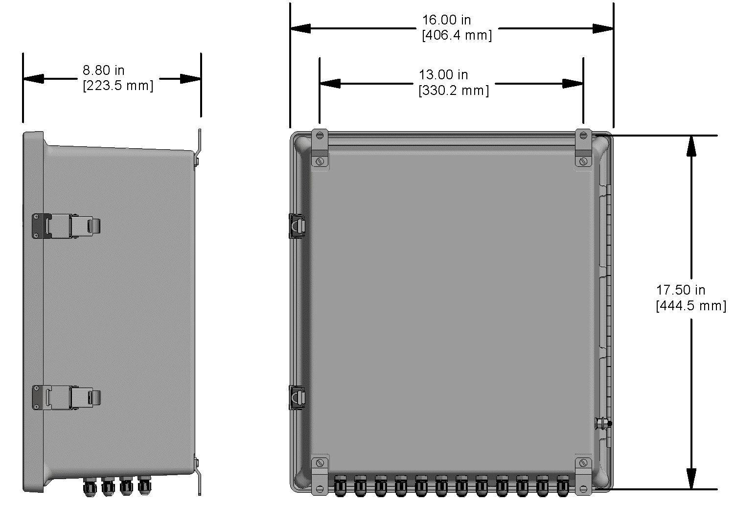 A drawing showing the dimensions of a CTC JB130 Extended Capacity industrial enclosure.