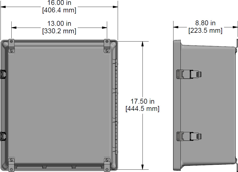 A drawing showing the dimensions of a CTC SCE310 Series industrial enclosure.