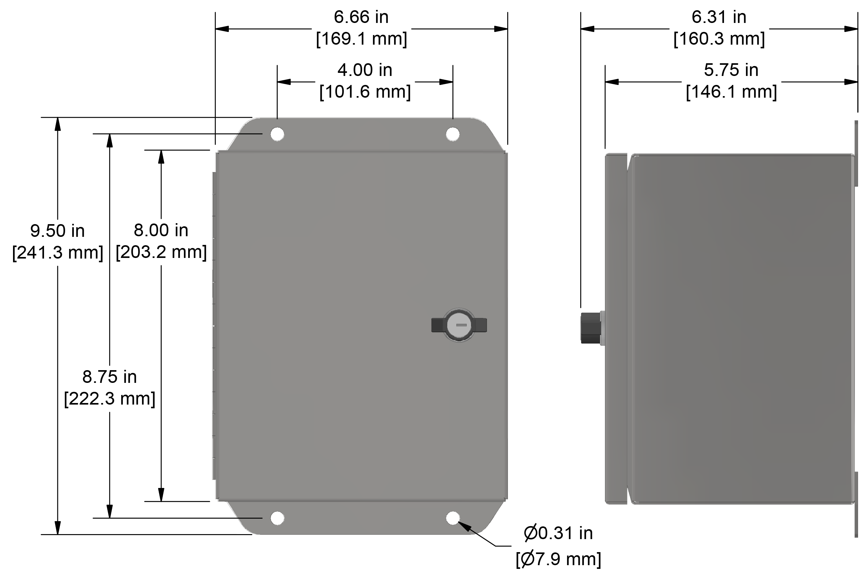A drawing showing the dimensions of a CTC PXE210 industrial enclosure.