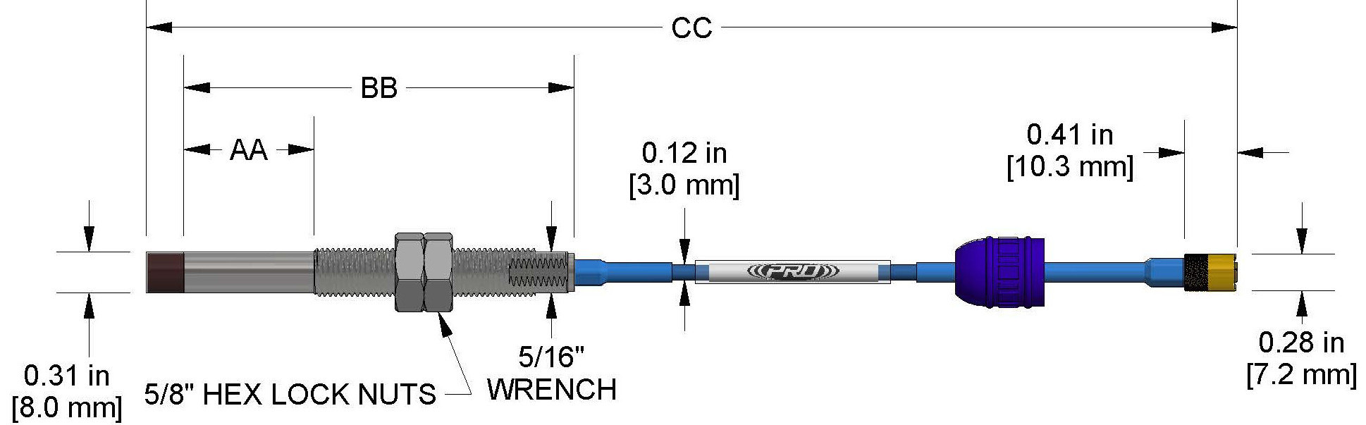 A dimension drawing of a Standard Mount CTC PRO Line DP1001 proximity probe.
