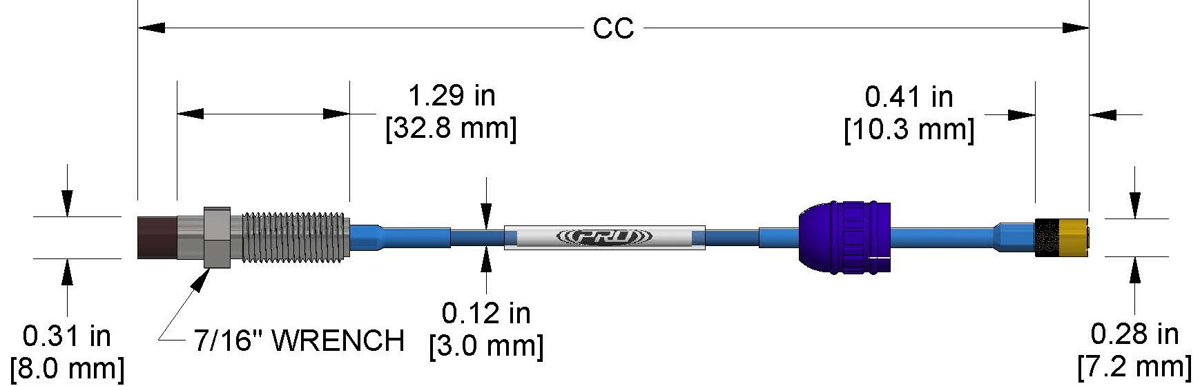 A dimension drawing of a Reverse Mount CTC PRO Line DP1001 proximity probe.