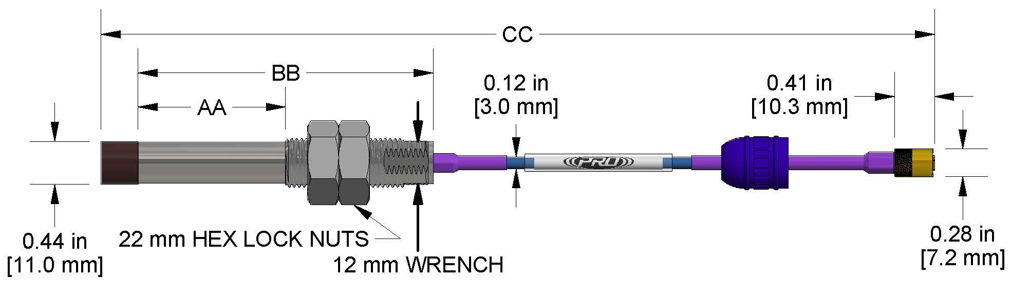A dimension drawing of a Standard Mount CTC PRO Line DP1007 proximity probe.