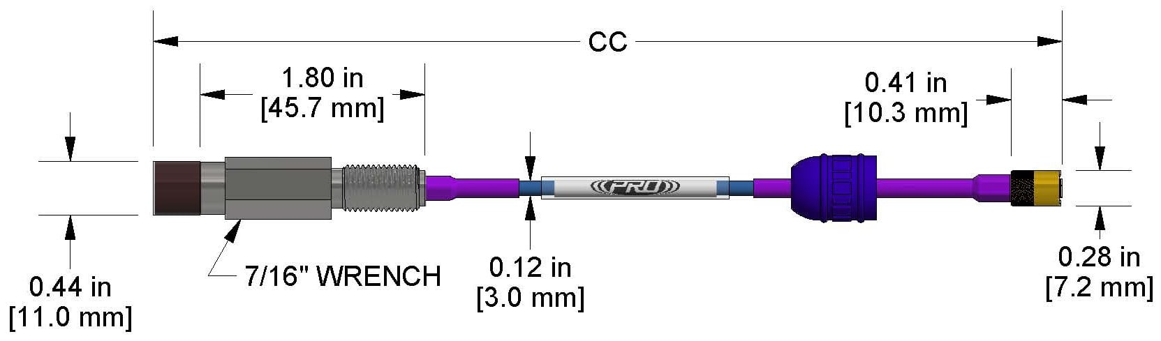 A dimension drawing of a Reverse Mount CTC PRO Line DP1007 proximity probe.