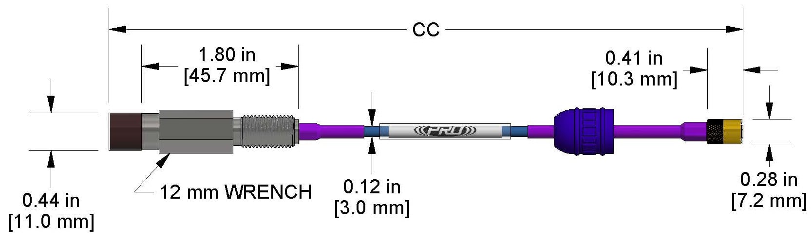 A dimension drawing of a Reverse Mount CTC PRO Line DP1007 proximity probe.