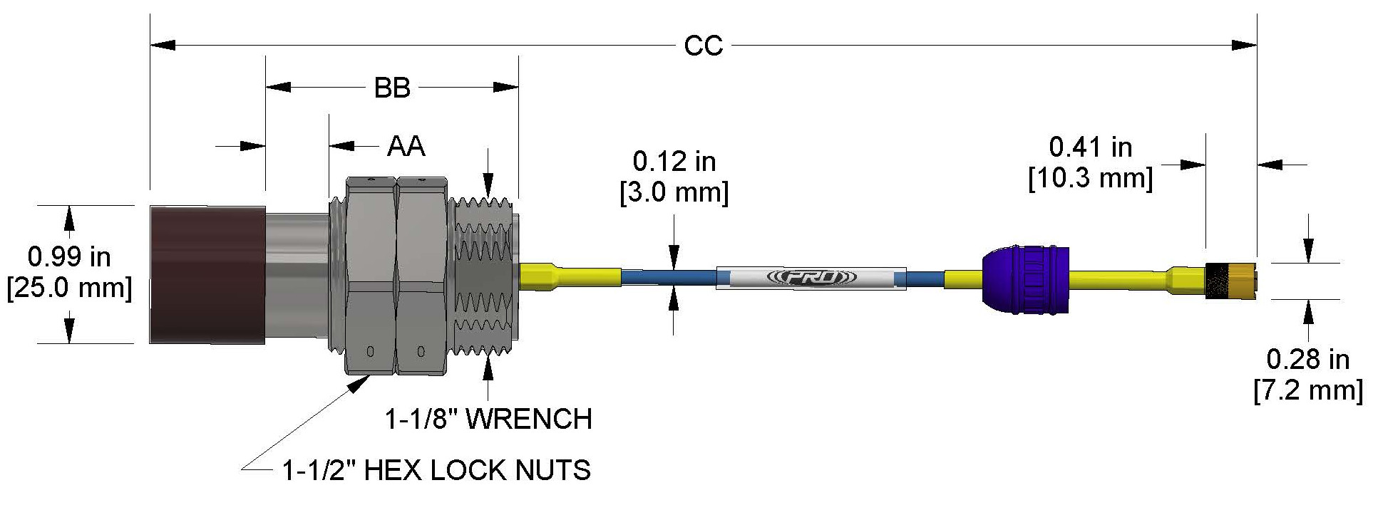 A dimension drawing of a Standard Mount CTC PRO Line DP1008 proximity probe.