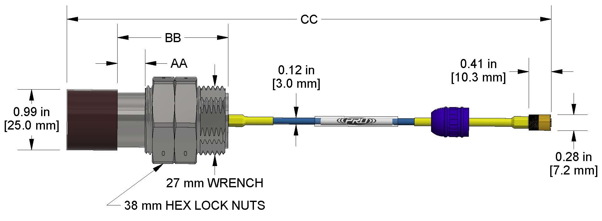 A dimension drawing of a Standard Mount CTC PRO Line DP1008 proximity probe.