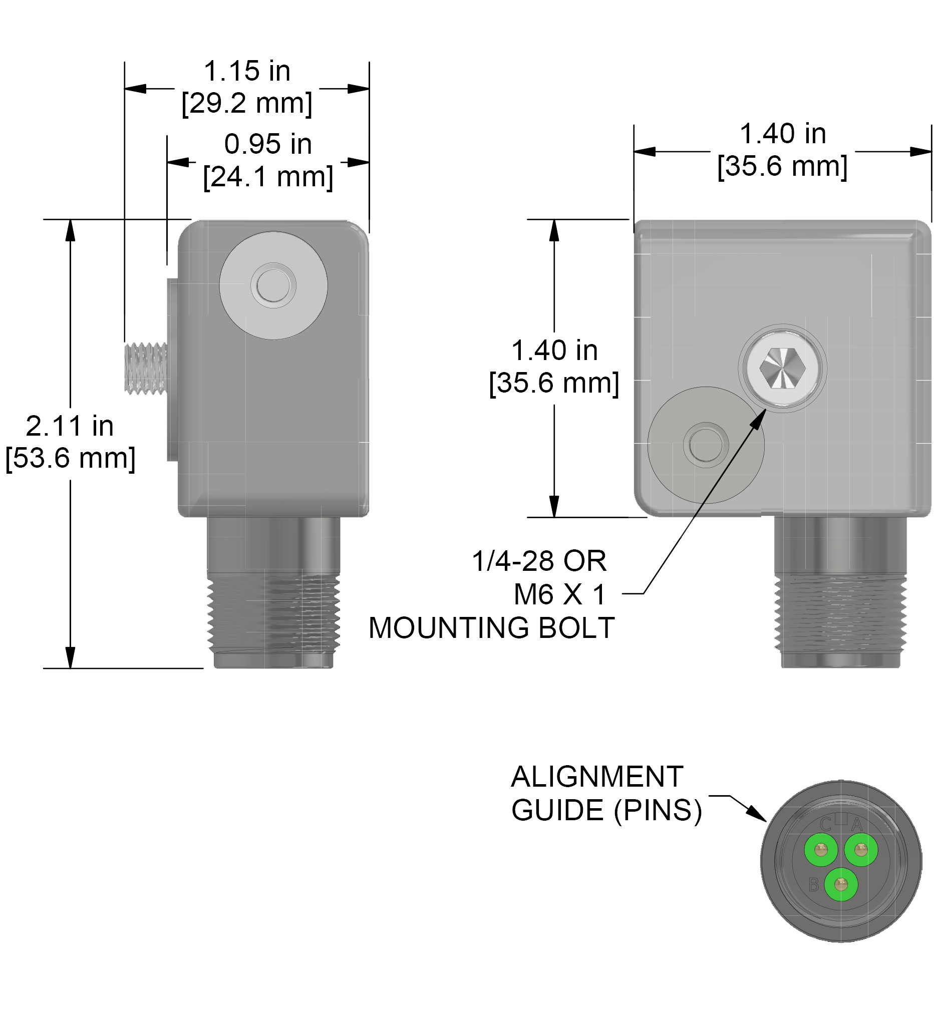 A drawing showing the dimensions and pin configuration of a CTC AC119 industrial accelerometer.