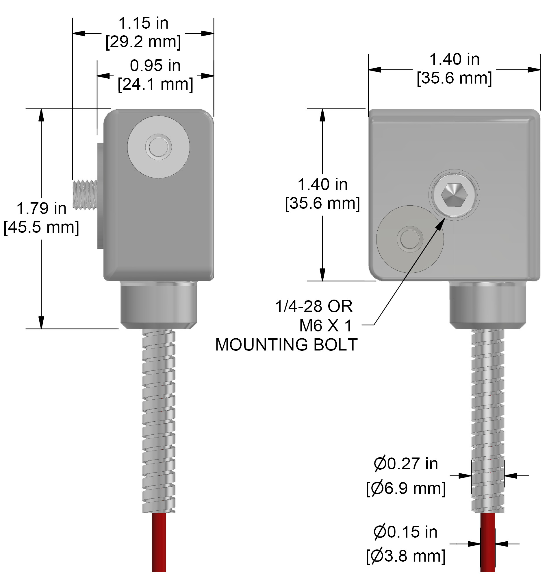 A drawing showing the dimensions and pin configuration of a CTC AC119 industrial accelerometer.