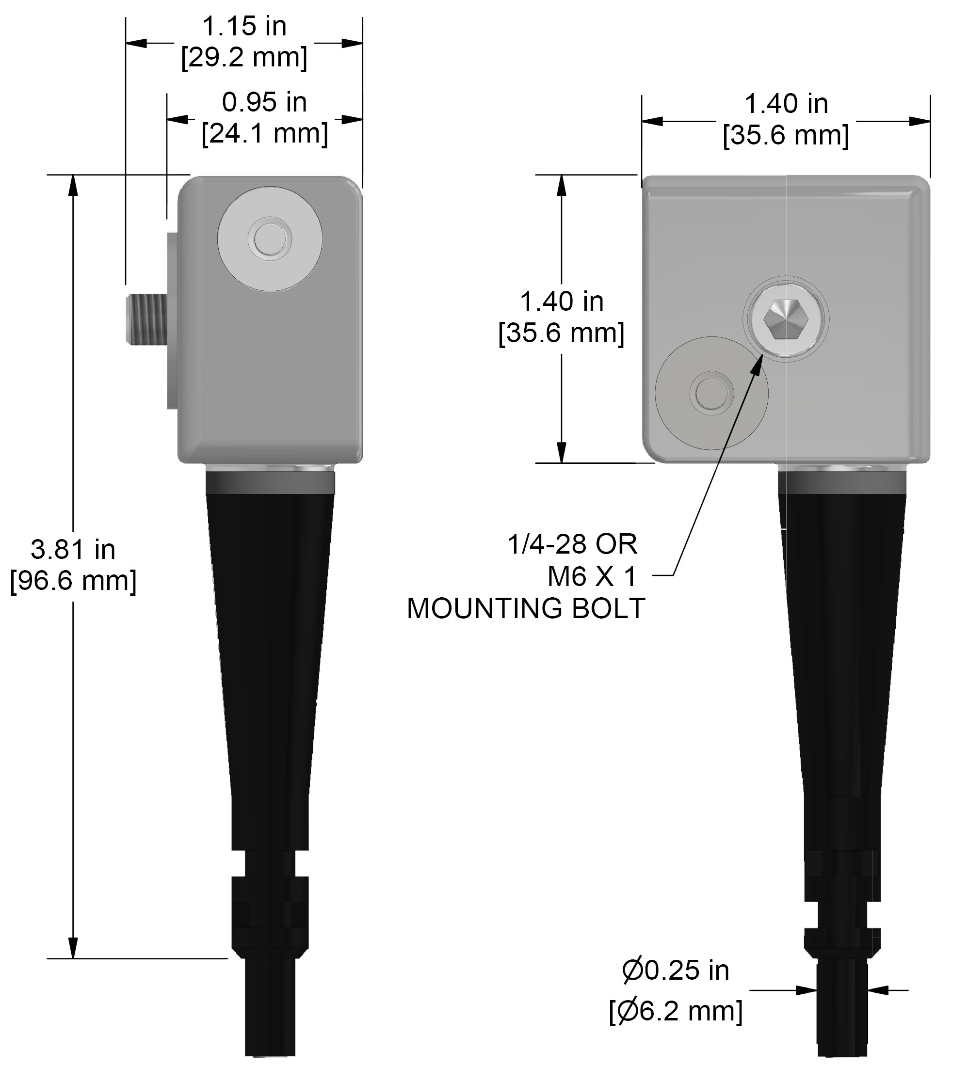 A drawing showing the dimensions and pin configuration of a CTC AC119 industrial accelerometer.