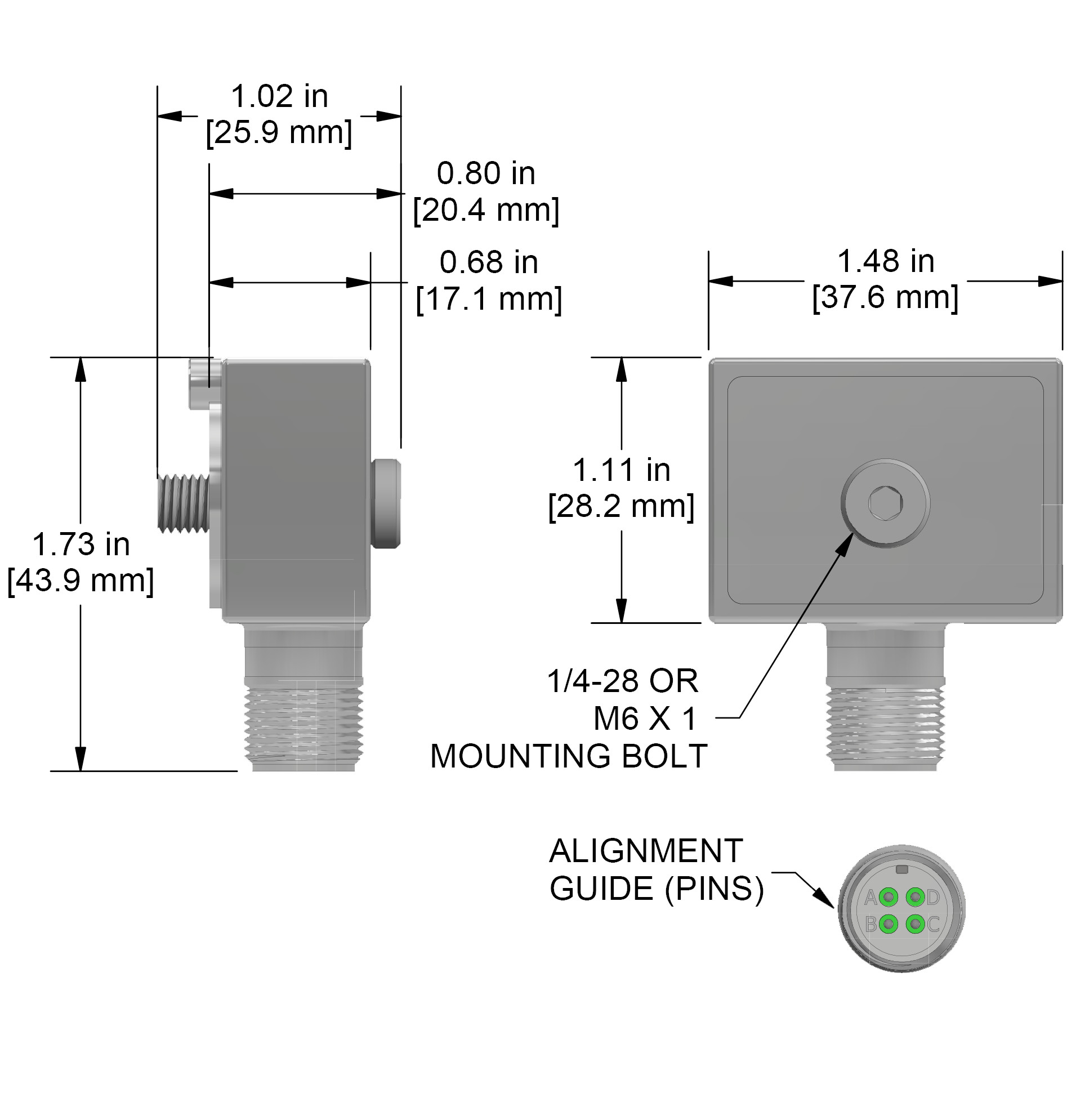 A drawing showing the dimensions and pin configuration of a CTC TREA330 industrial accelerometer.