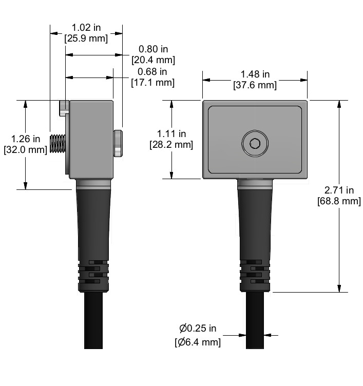 A drawing showing the dimensions and pin configuration of a CTC TREA330 industrial accelerometer.