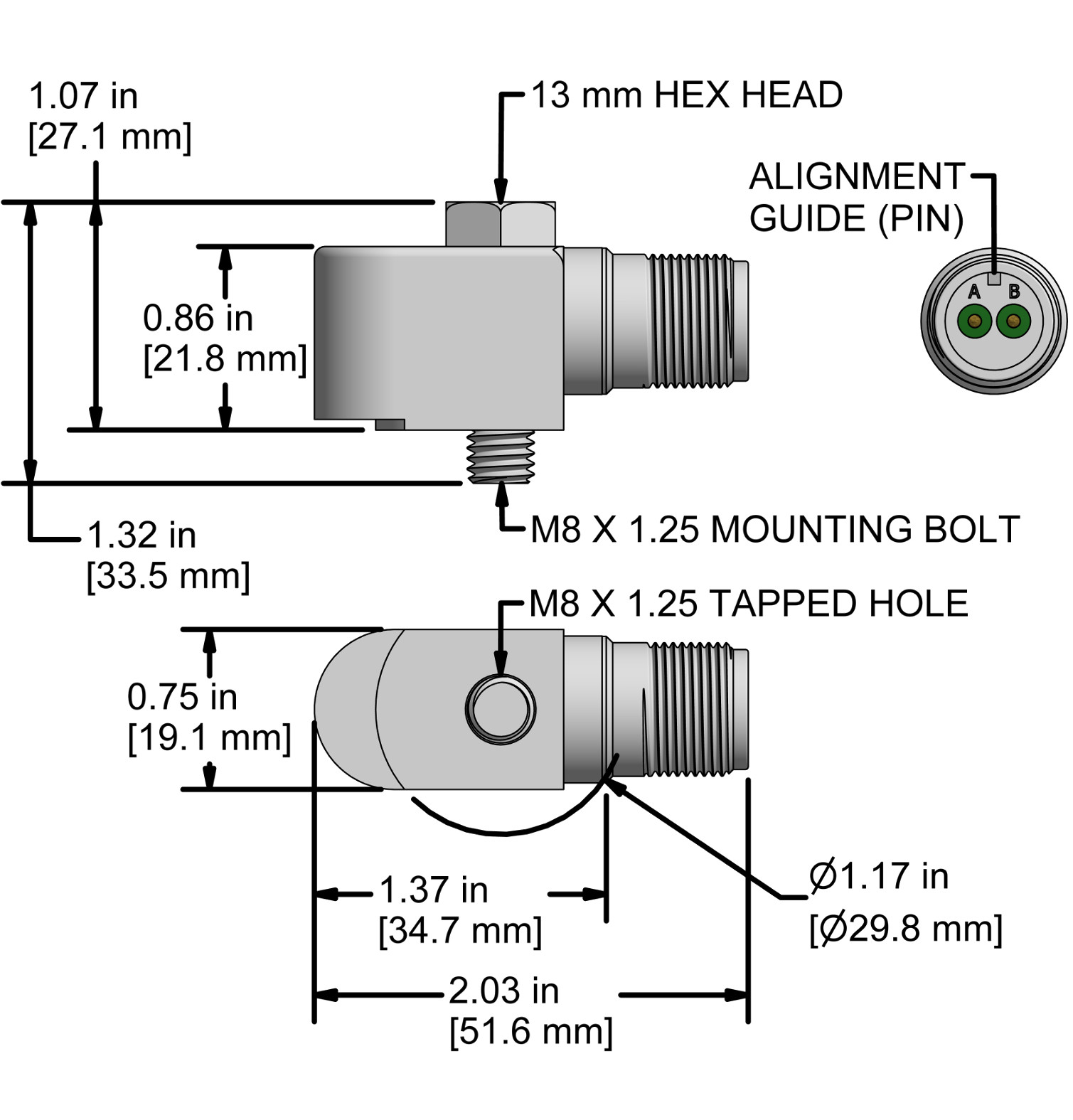 A drawing showing the dimensions and pin configuration of a CTC AC198 industrial accelerometer.