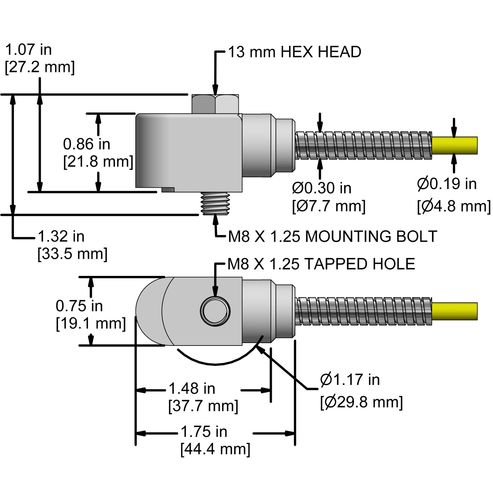 A drawing showing the dimensions and pin configuration of a CTC AC198 industrial accelerometer.