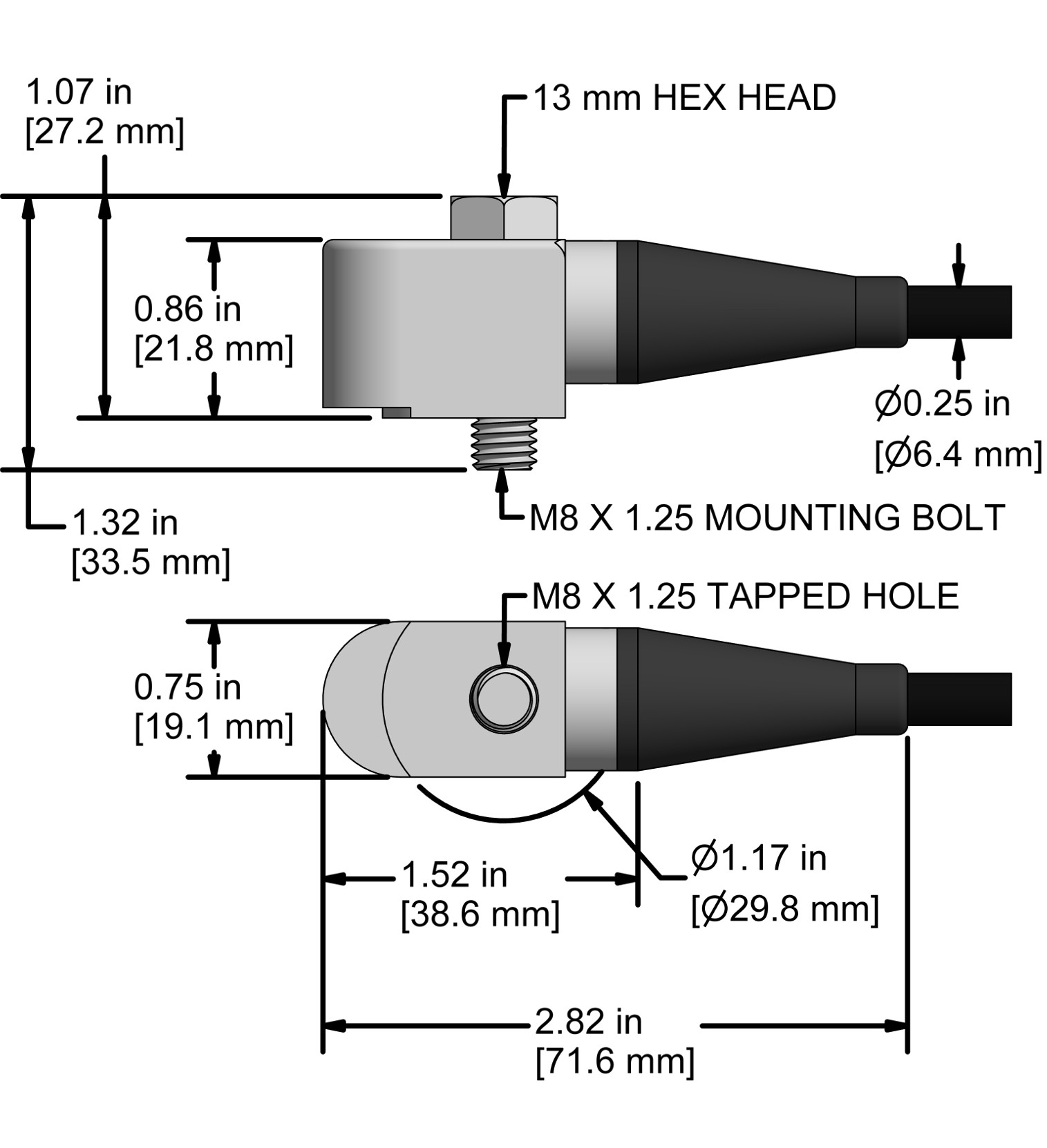 A drawing showing the dimensions and pin configuration of a CTC AC198 industrial accelerometer.