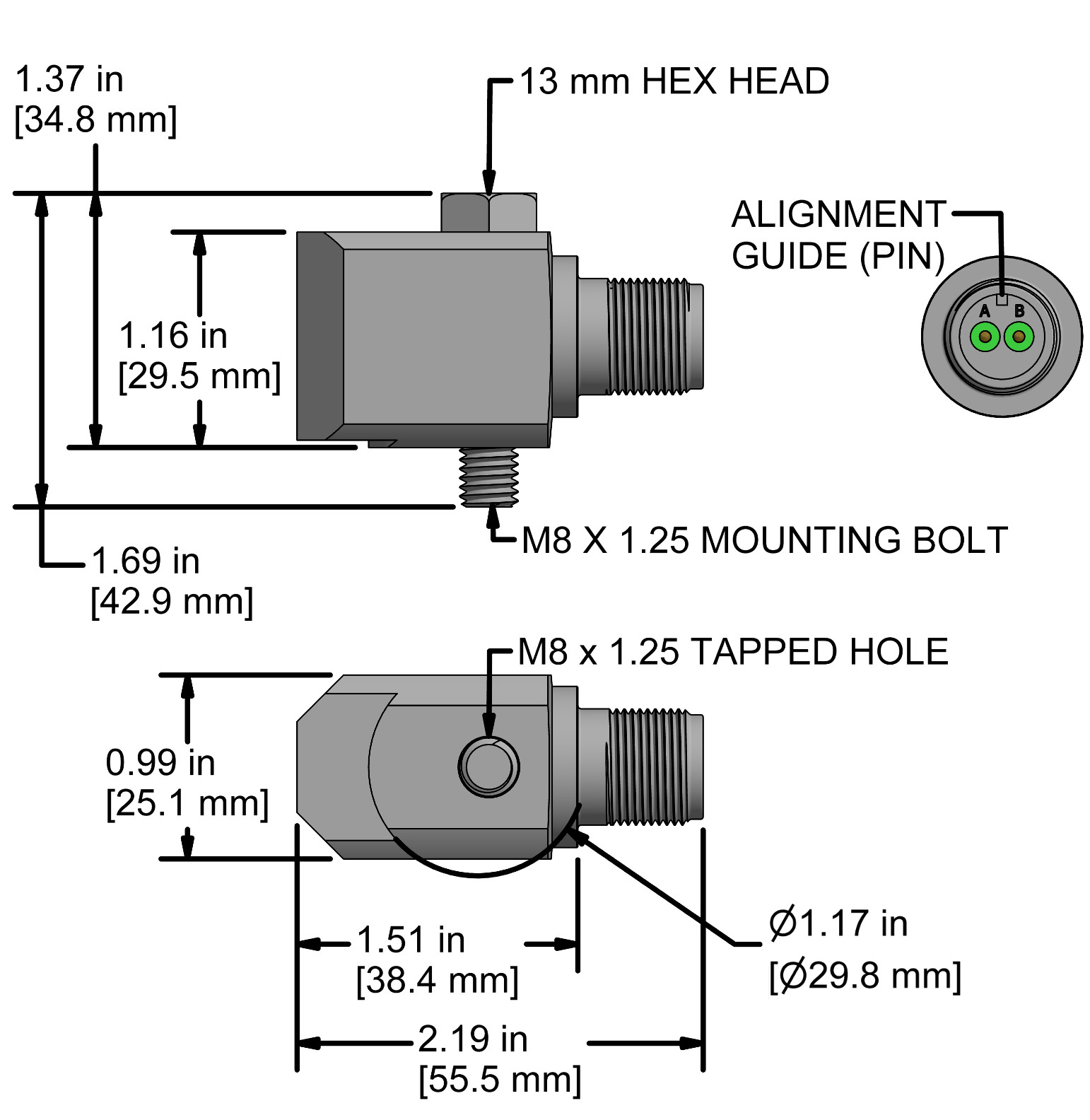A drawing showing the dimensions and pin configuration of a CTC AC288 industrial accelerometer.