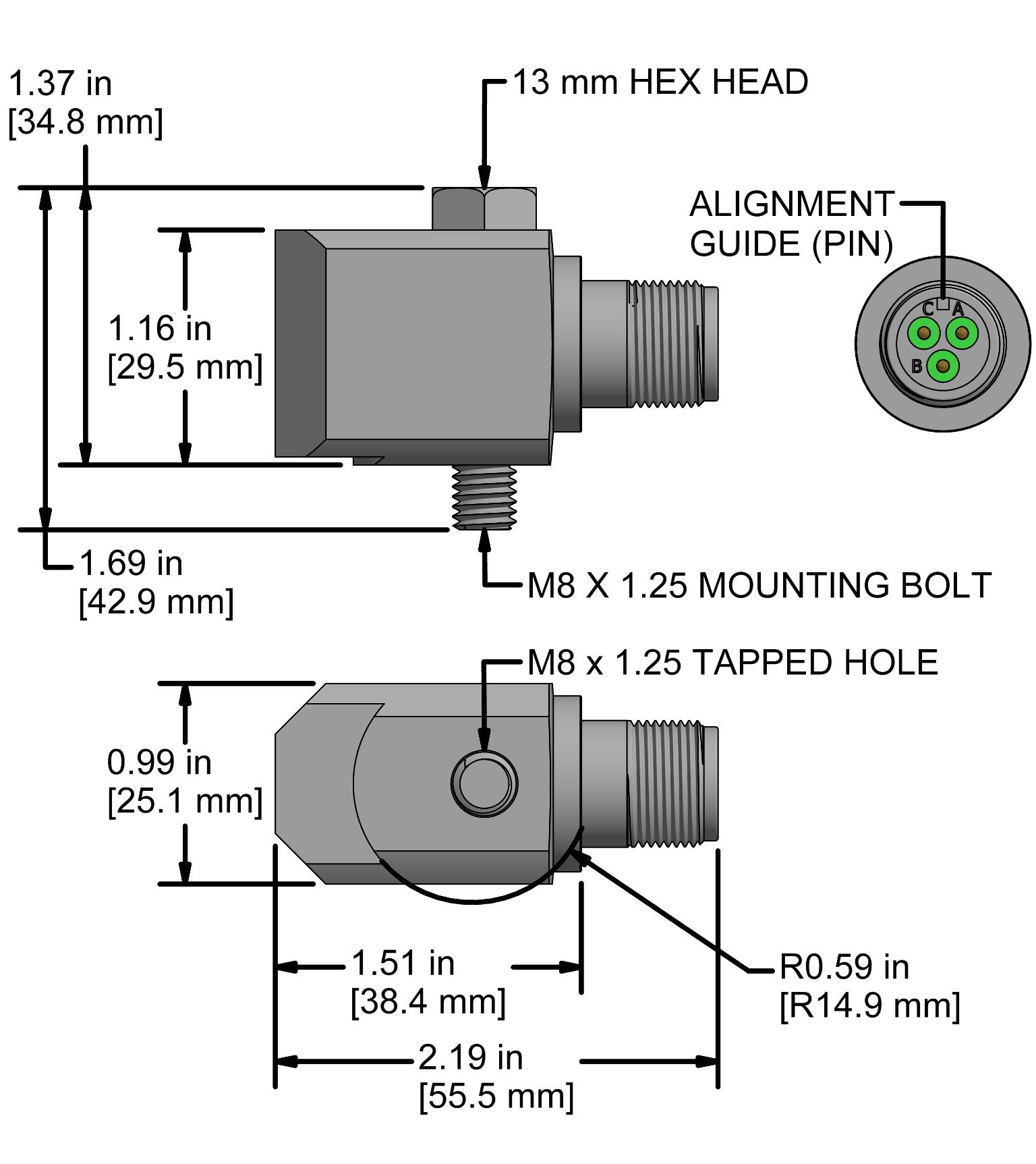 A drawing showing the dimensions and pin configuration of a CTC TA284 industrial accelerometer.