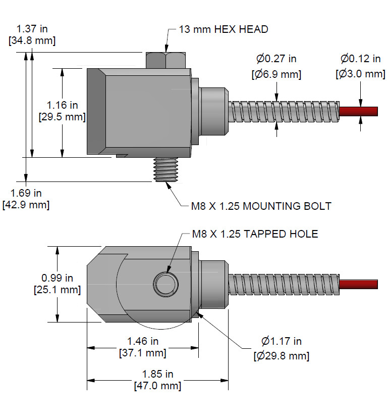A drawing showing the dimensions and pin configuration of a CTC AC288 industrial accelerometer.