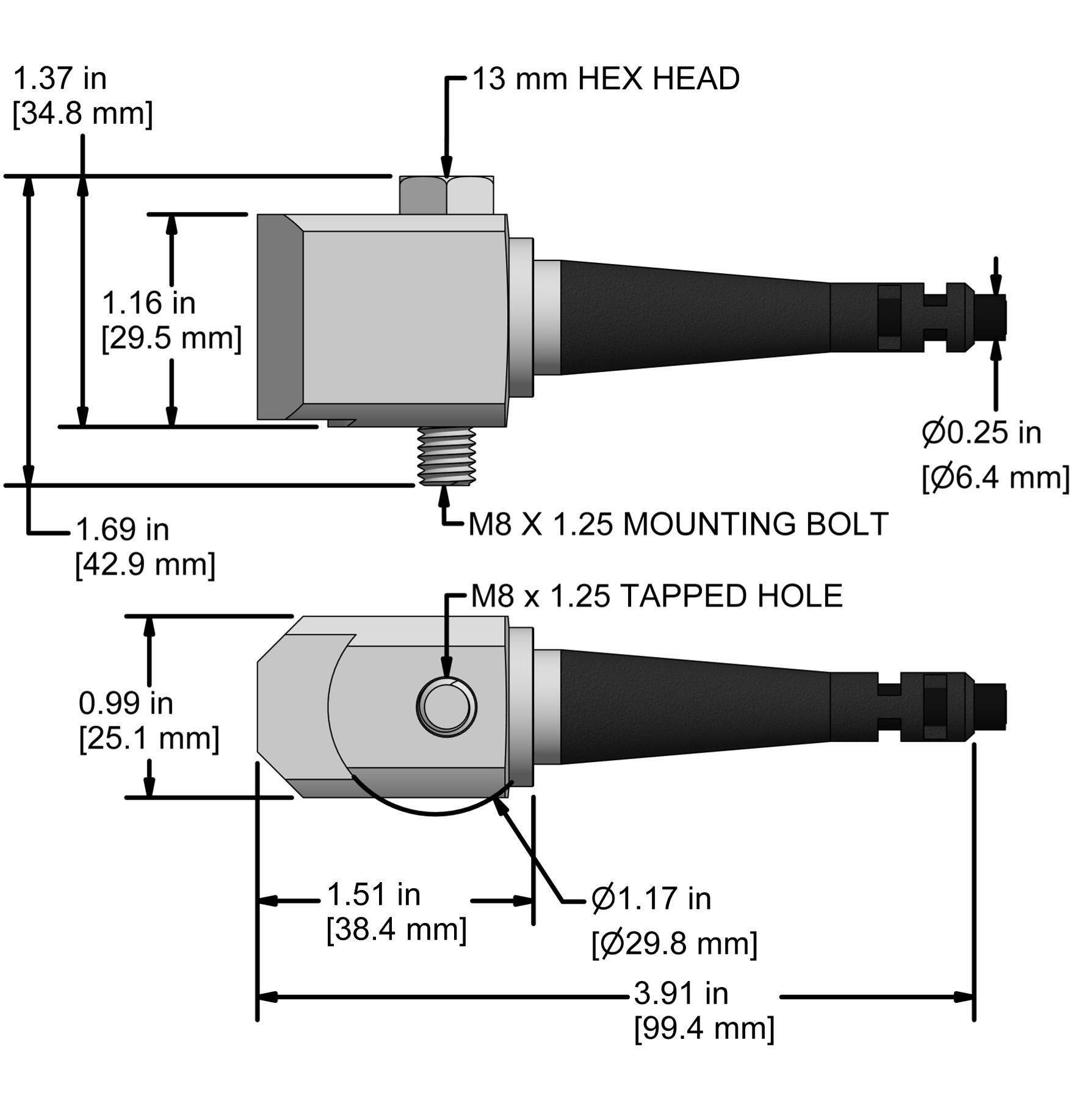 A drawing showing the dimensions and pin configuration of a CTC AC184 industrial accelerometer with integral cable.