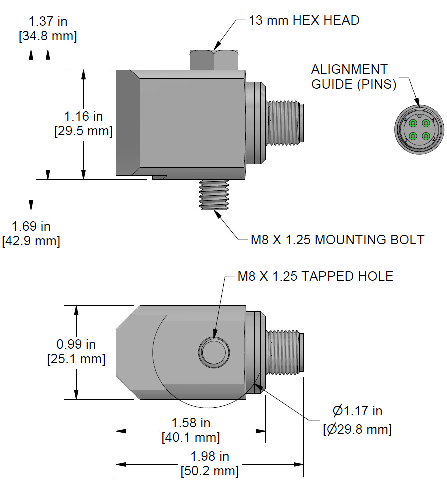 A drawing showing the dimensions and pin configuration of a CTC AC184-M12A industrial accelerometer.
