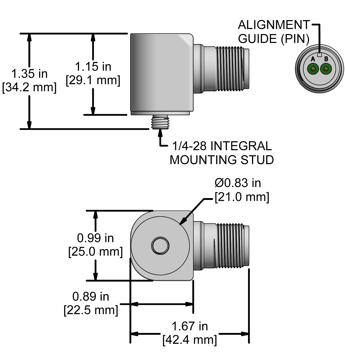 A drawing showing the dimensions and pin configuration of a CTC AC216 industrial accelerometer.