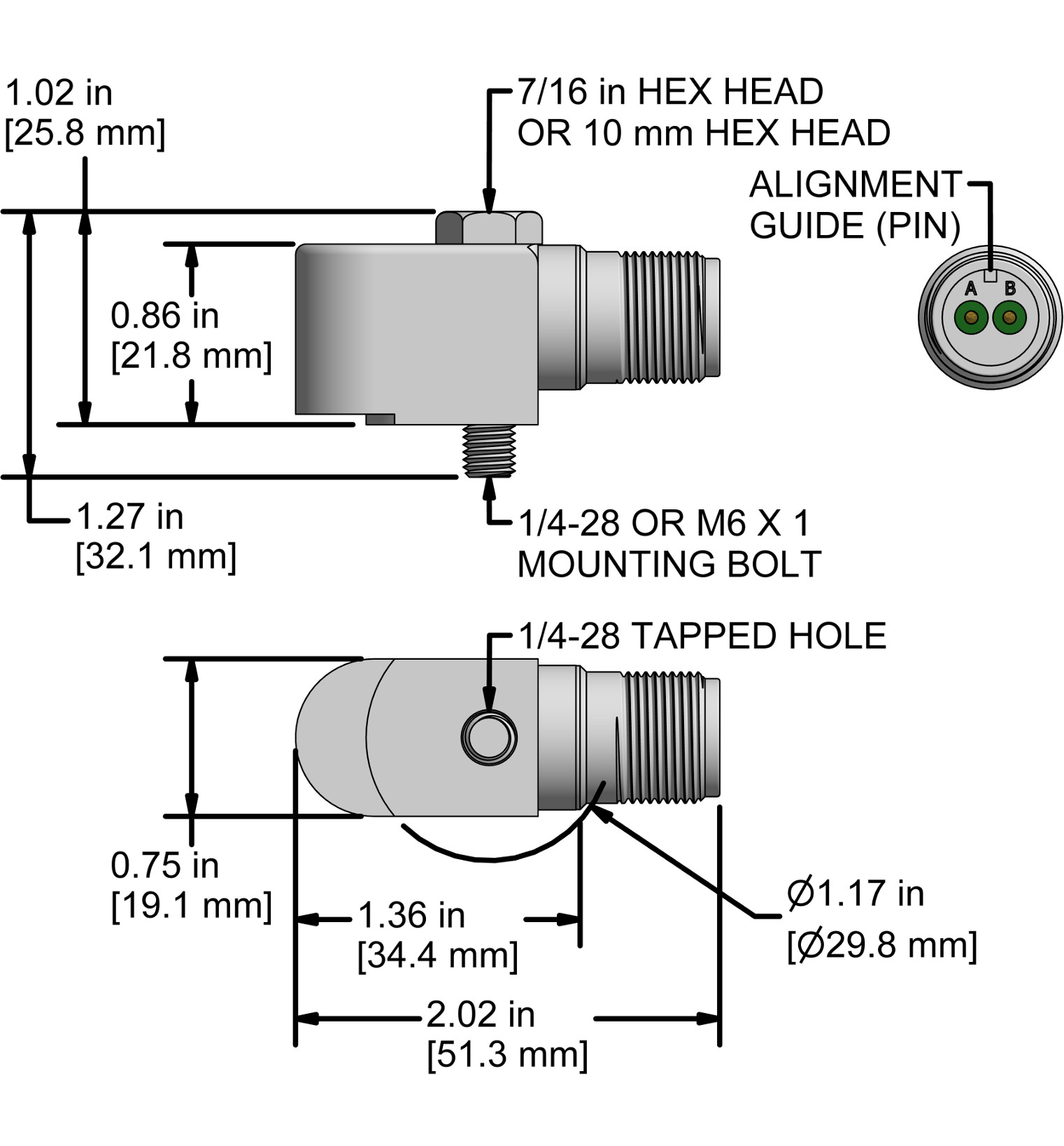 A drawing showing the dimensions and pin configuration of a CTC AC294 industrial accelerometer.