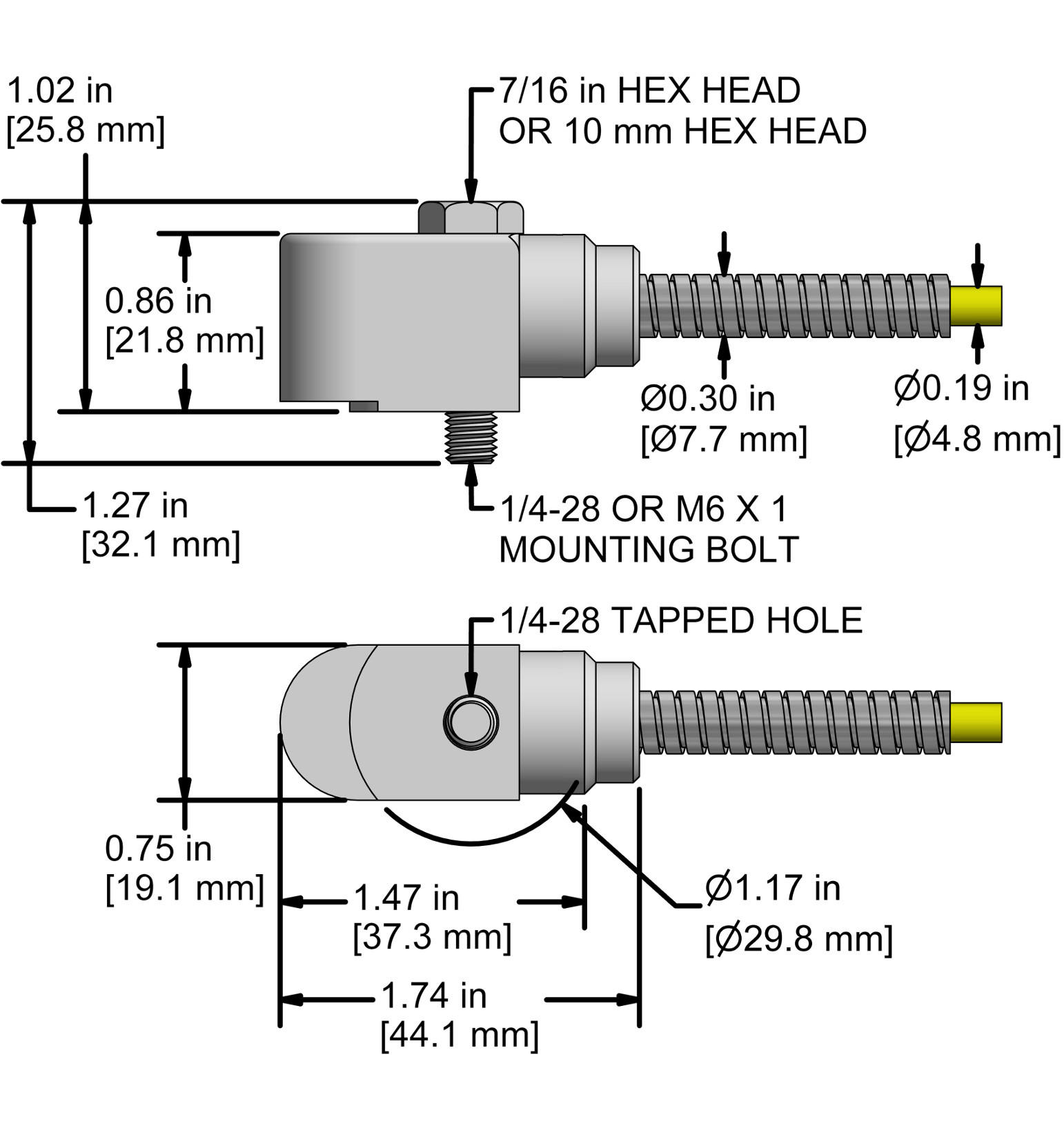 A drawing showing the dimensions and pin configuration of a CTC AC294 industrial accelerometer.