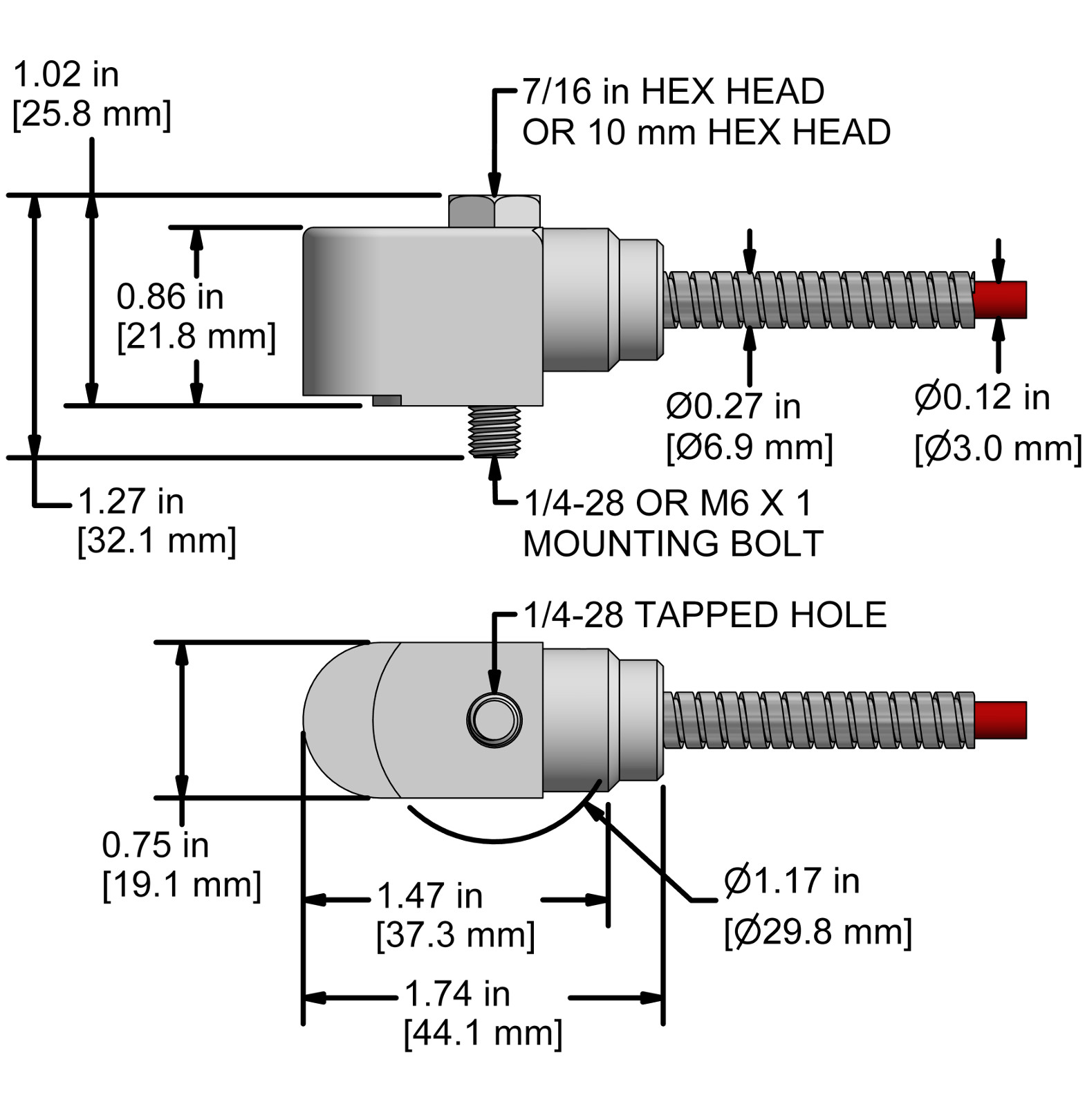 A drawing showing the dimensions and pin configuration of a CTC AC294 industrial accelerometer.
