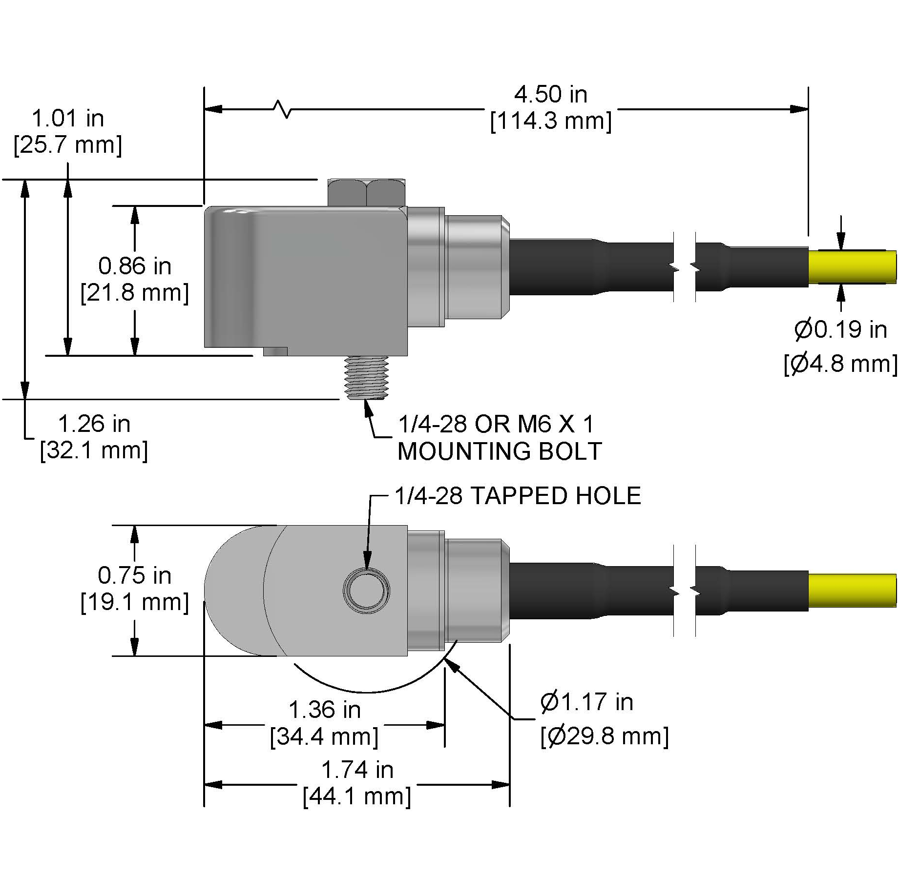 A drawing showing the dimensions and pin configuration of a CTC AC294 industrial accelerometer with FEP jacketed integral cable.