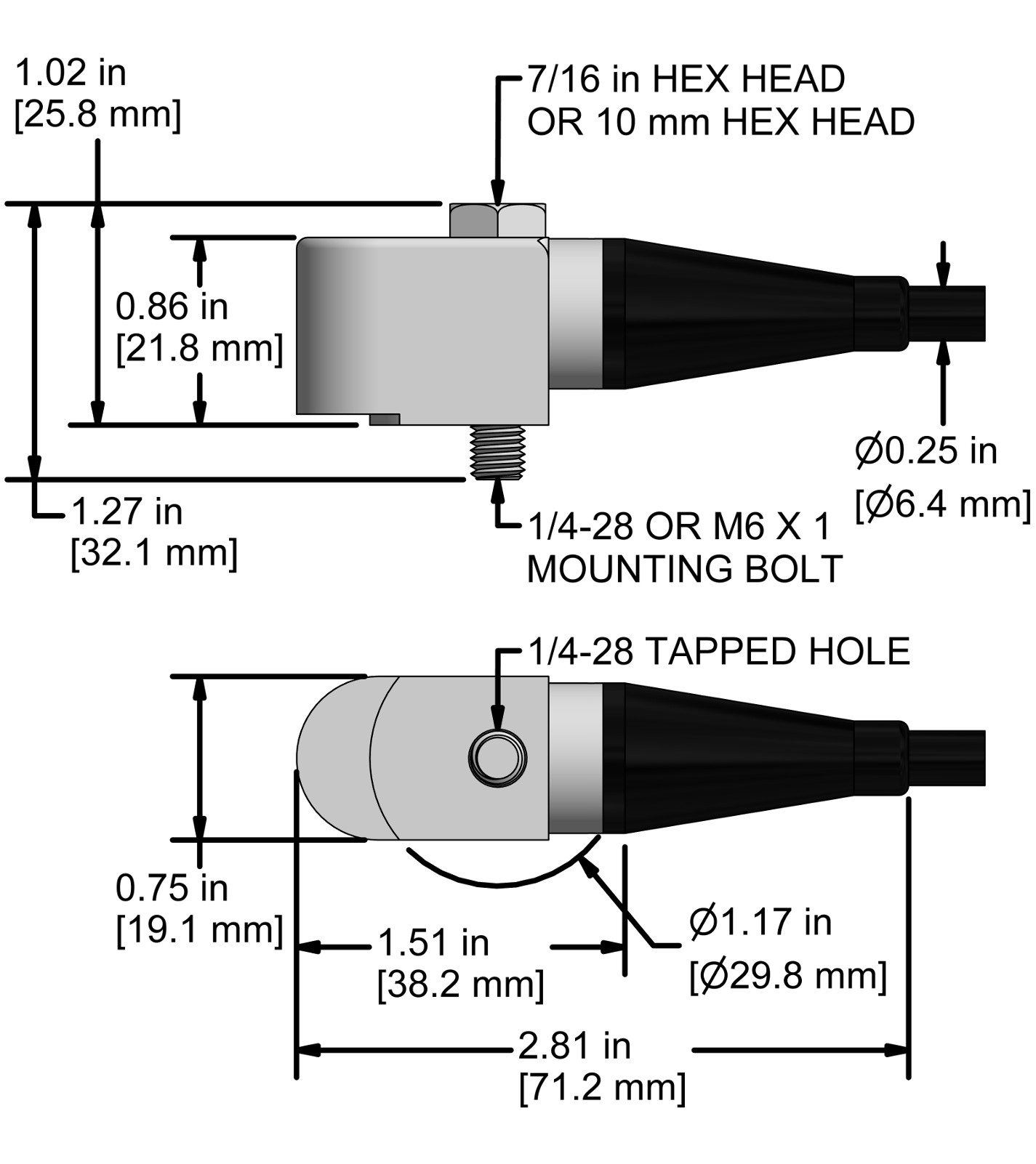 A drawing showing the dimensions and pin configuration of a CTC AC294 industrial accelerometer.