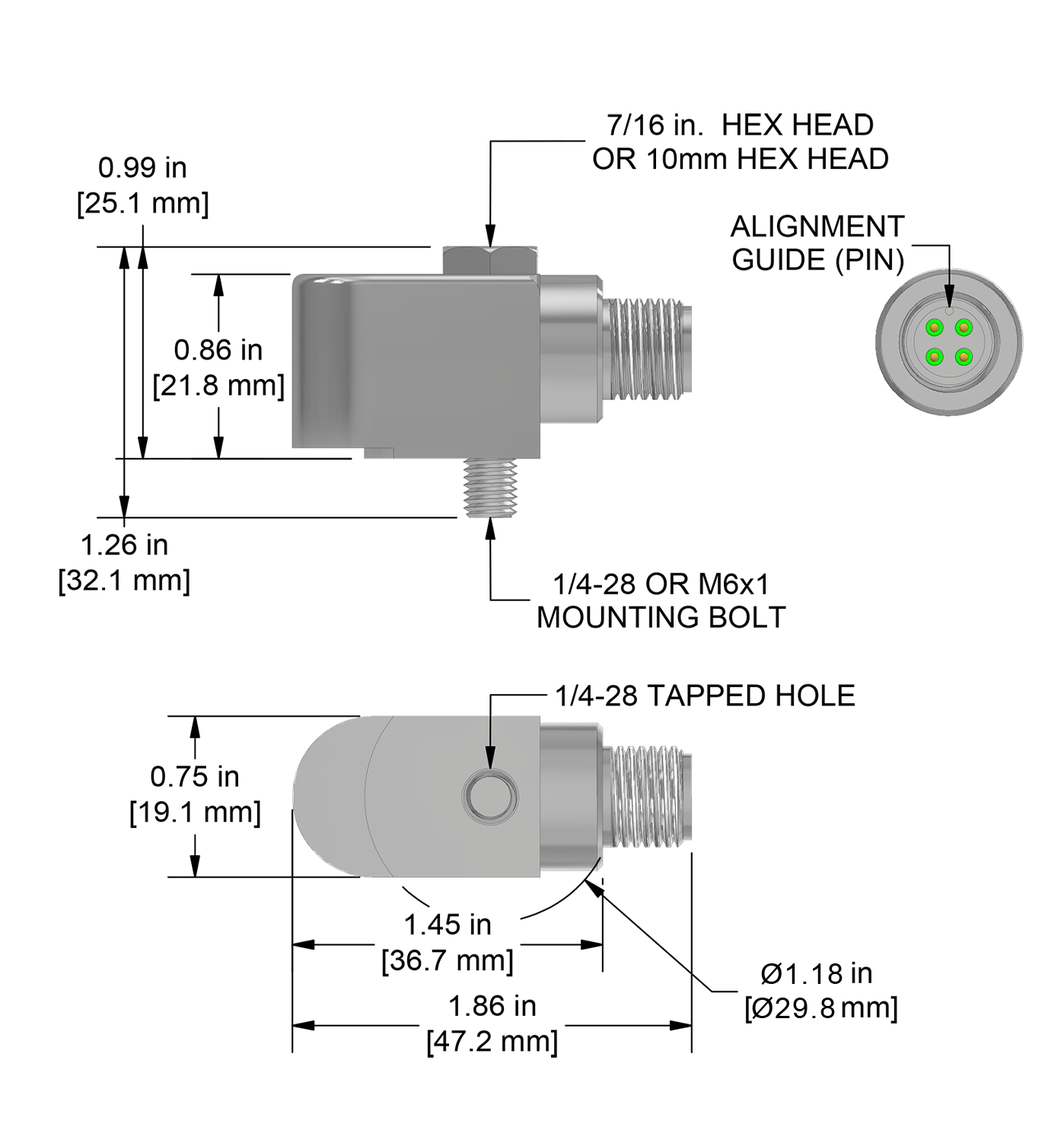 A drawing showing the dimensions and pin configuration of a CTC AC298-M12A industrial accelerometer.