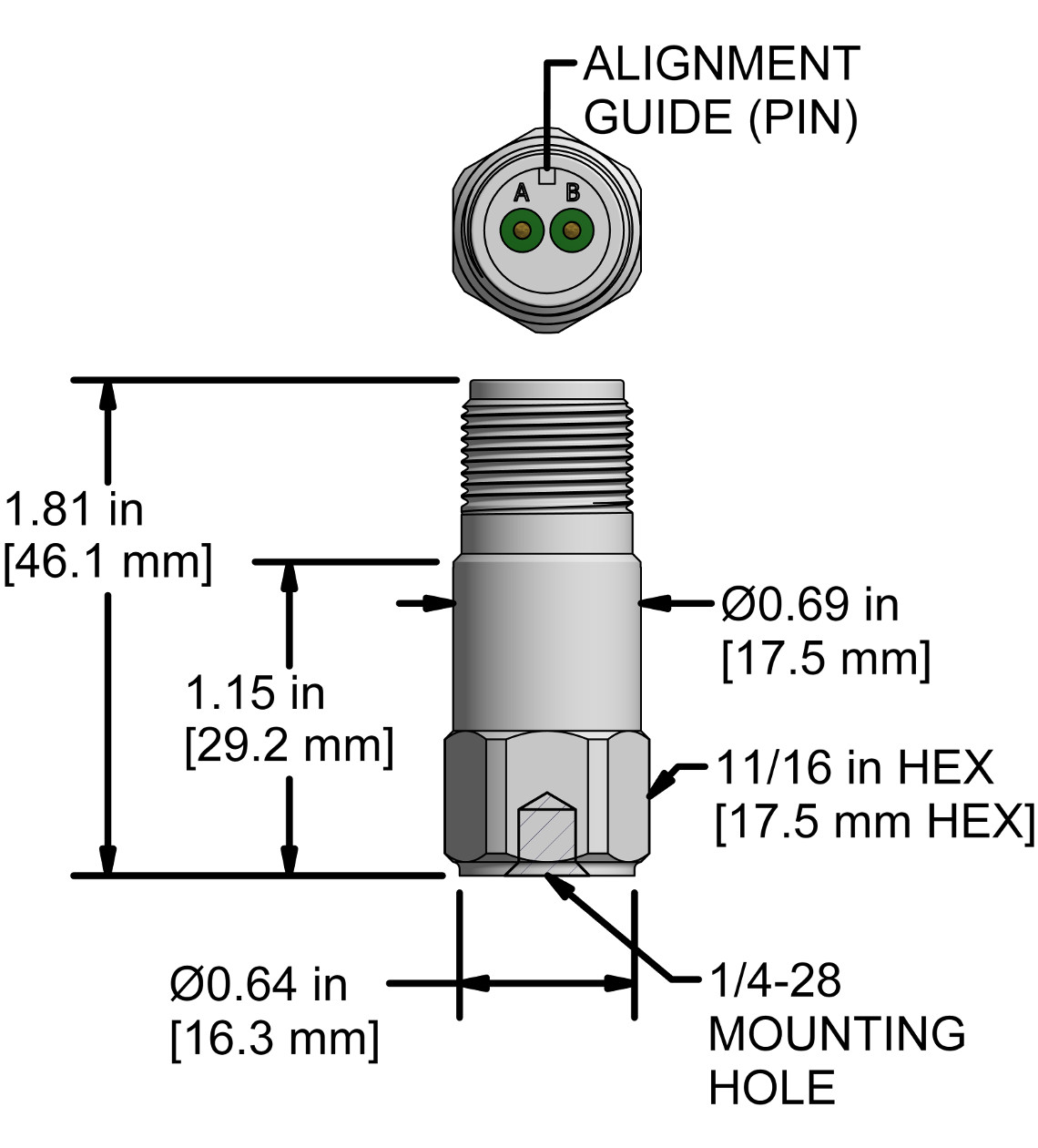 A drawing showing the dimensions and pin configuration of a CTC AC292 industrial accelerometer.