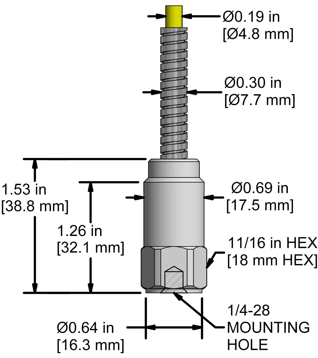 A drawing showing the dimensions and pin configuration of a CTC AC292 industrial accelerometer.