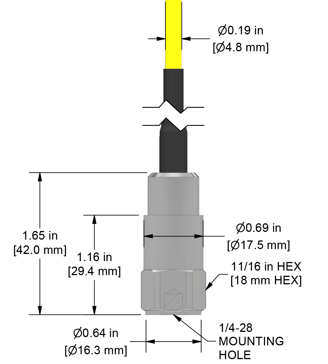 A drawing showing the dimensions and pin configuration of a CTC AC292 industrial accelerometer with FEP jacketed integral cable.