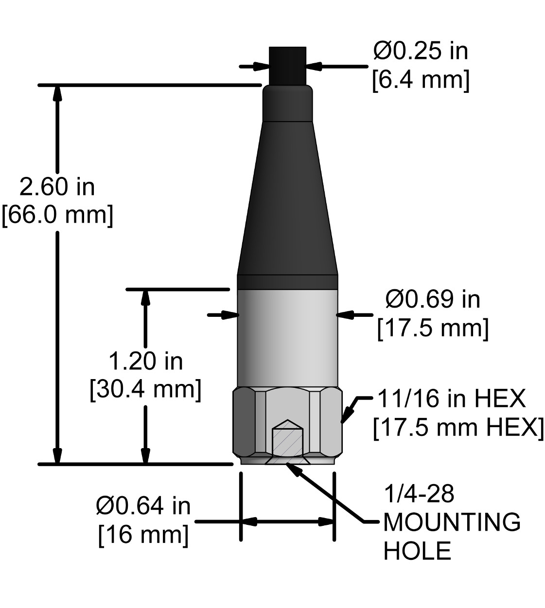 A drawing showing the dimensions and pin configuration of a CTC AC292 industrial accelerometer.