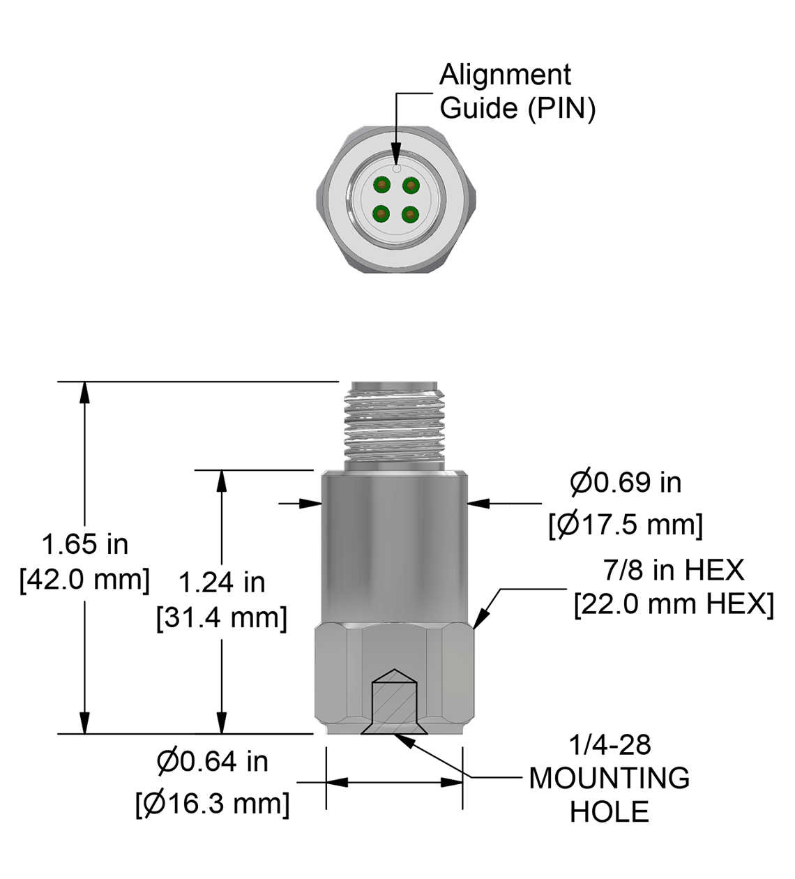 A drawing showing the dimensions and pin configuration of a CTC AC292-M12A industrial accelerometer.