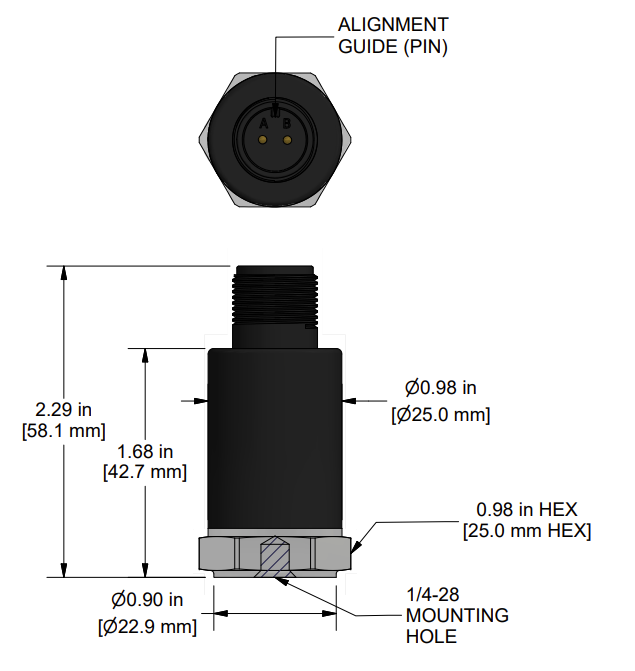 A drawing showing the dimensions and pin configuration of a CTC MA153-1A industrial accelerometer.