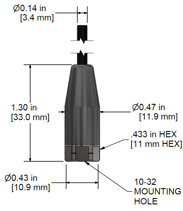 A drawing showing the dimensions and pin configuration of a CTC MEB210 industrial accelerometer.