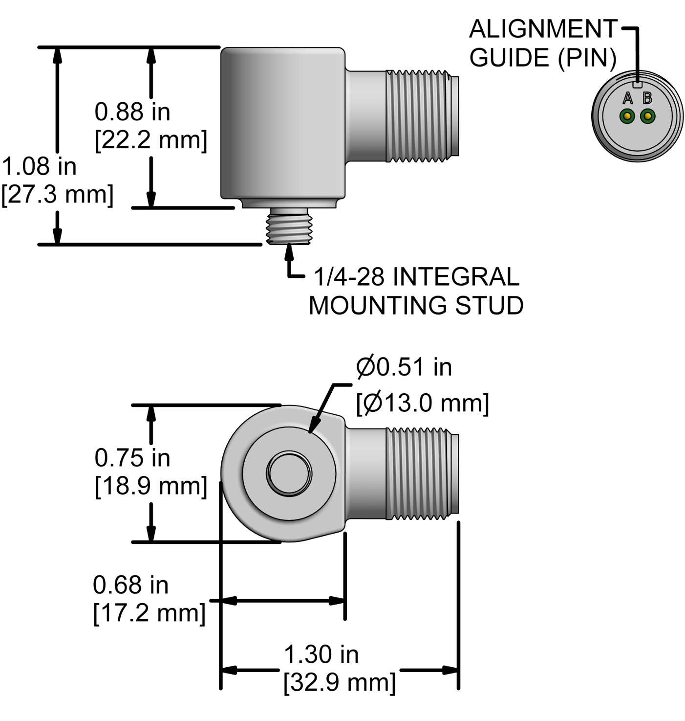 A drawing showing the dimensions and pin configuration of a CTC UEA332 industrial accelerometer.